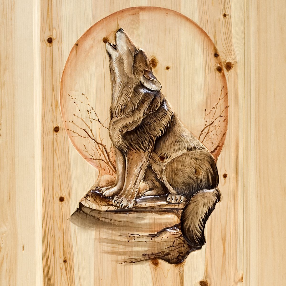 Rustic Hand Carved & Painted Howling Wolf Double Panel Interior Door