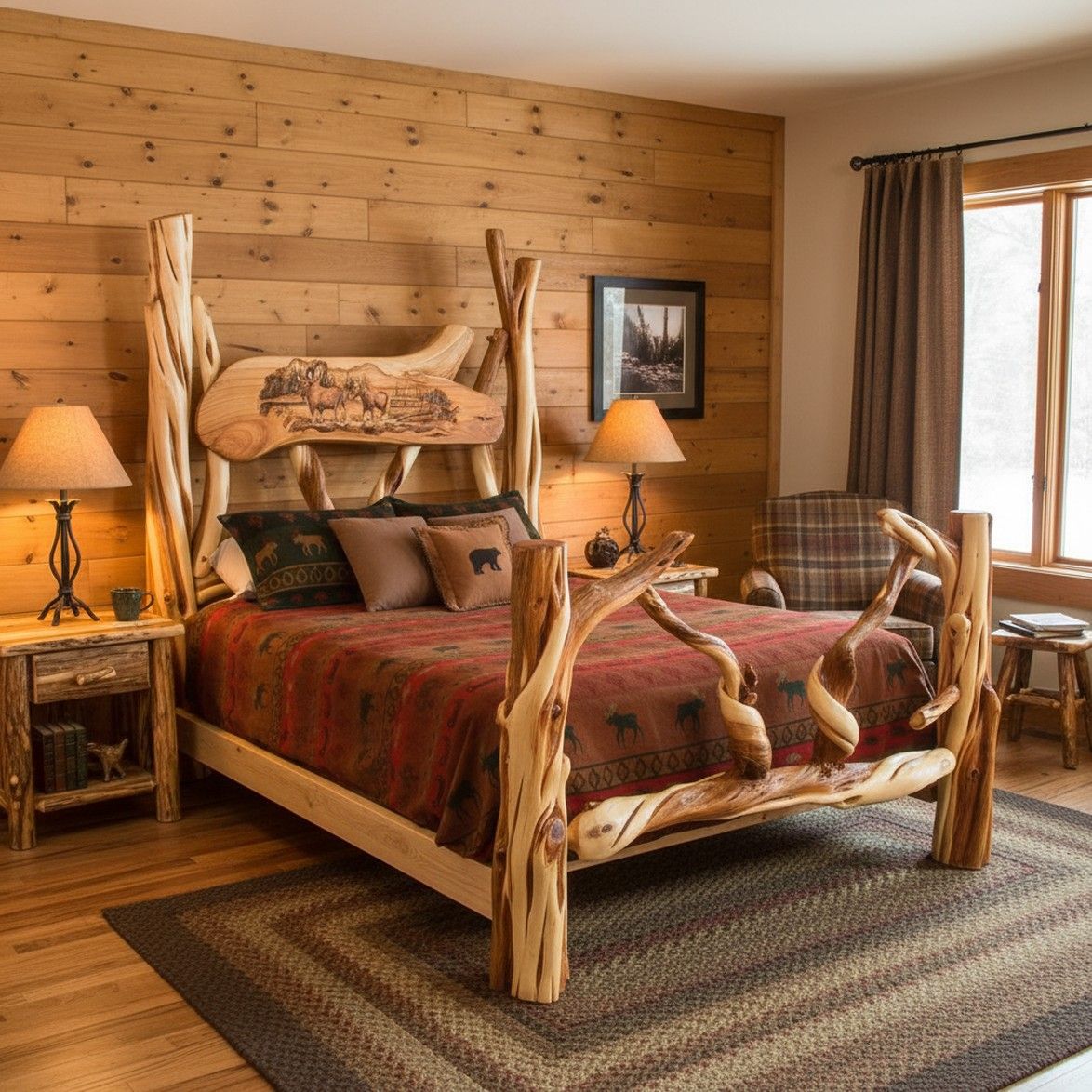 Hand Carved Juniper Log Bed, image size:1174x1174