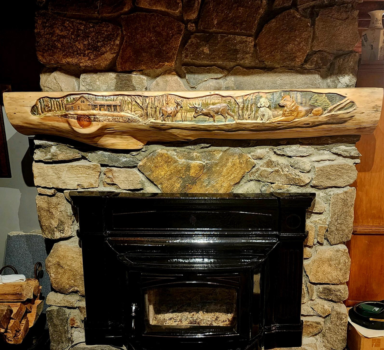 Rustic Wildlife Hand-Carved Log Mantel, image size:1316x1200