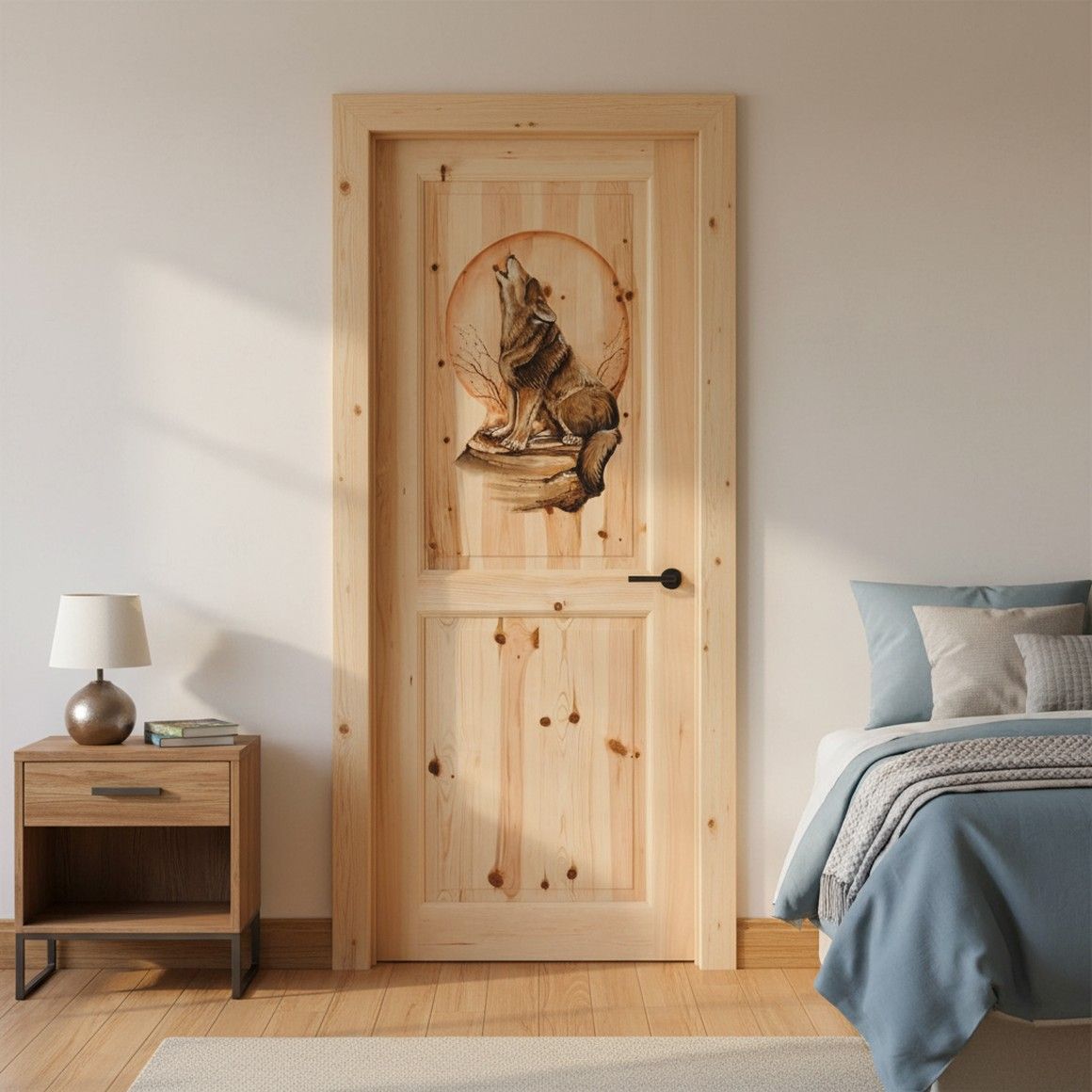 Rustic Hand Carved & Painted Howling Wolf Double Panel Interior Door