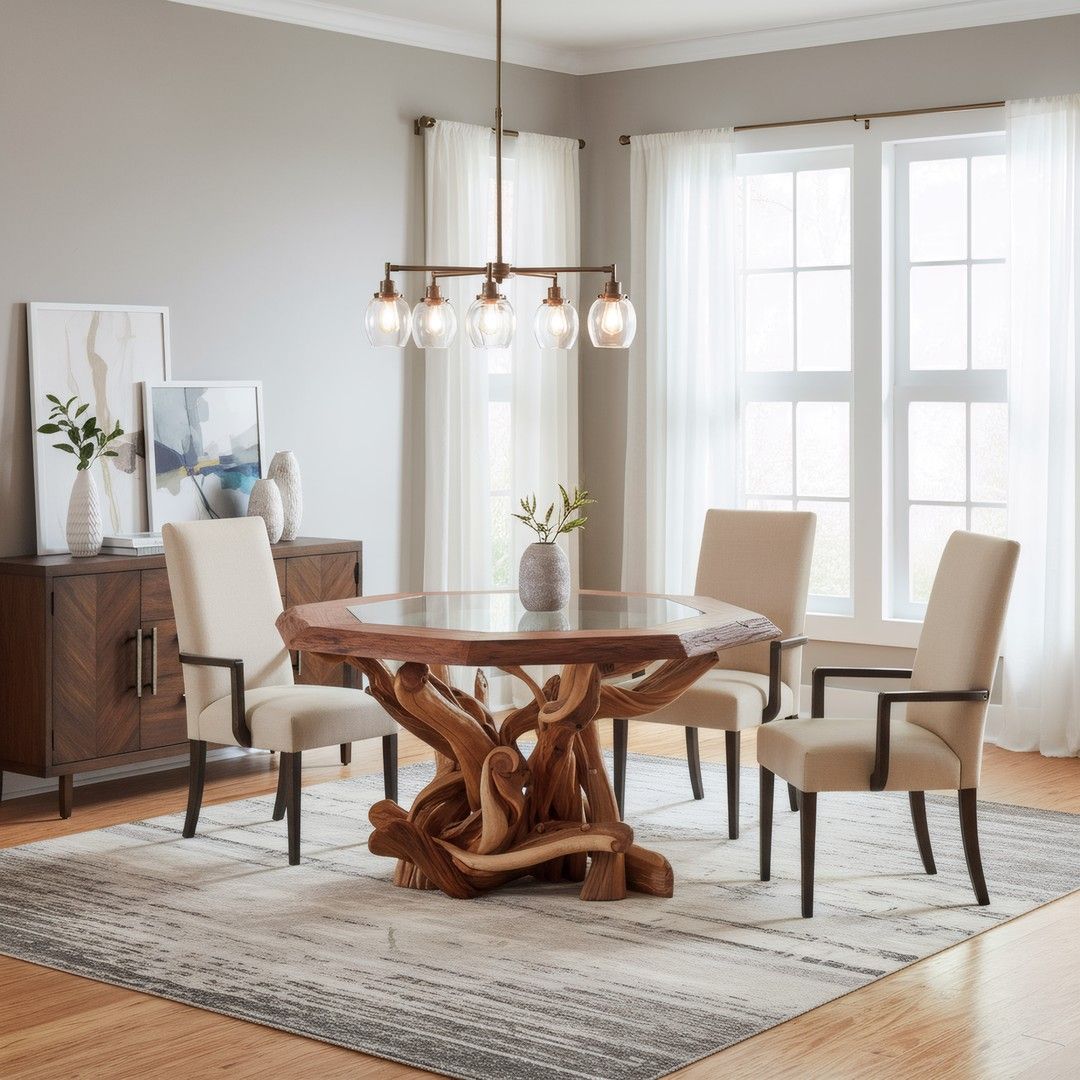 Juniper Dining Table with Redwood Top & Inlaid Glass
