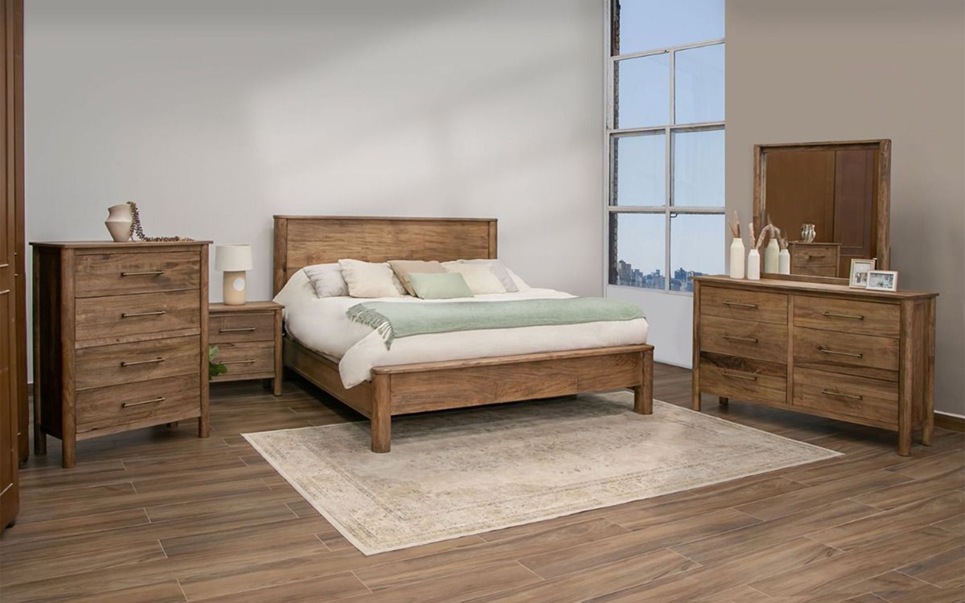 MODERN OLIMPIA 6 DRAWER NATURAL WOOD DRESSER & MIRROR