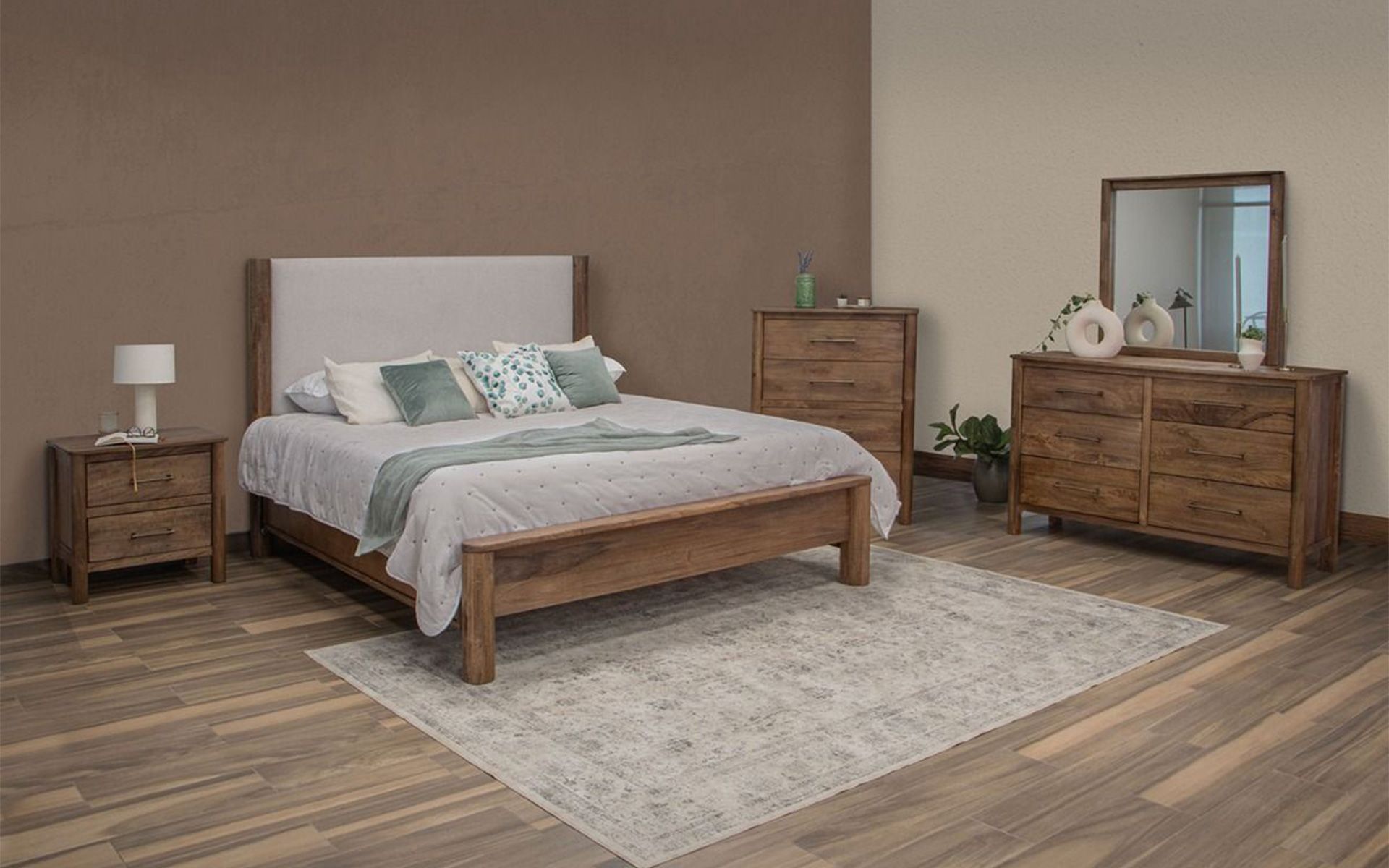 MODERN OLIMPIA UPHOLSTERED NATURAL WOOD PLATFORM BED