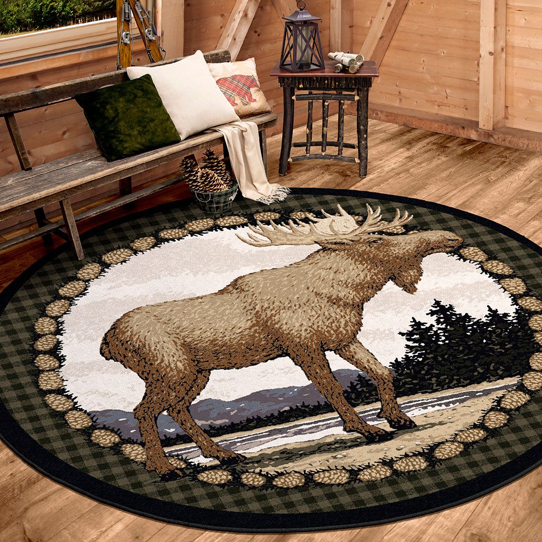 Majestic Moose Round Area Rug - Cabin Rugs
