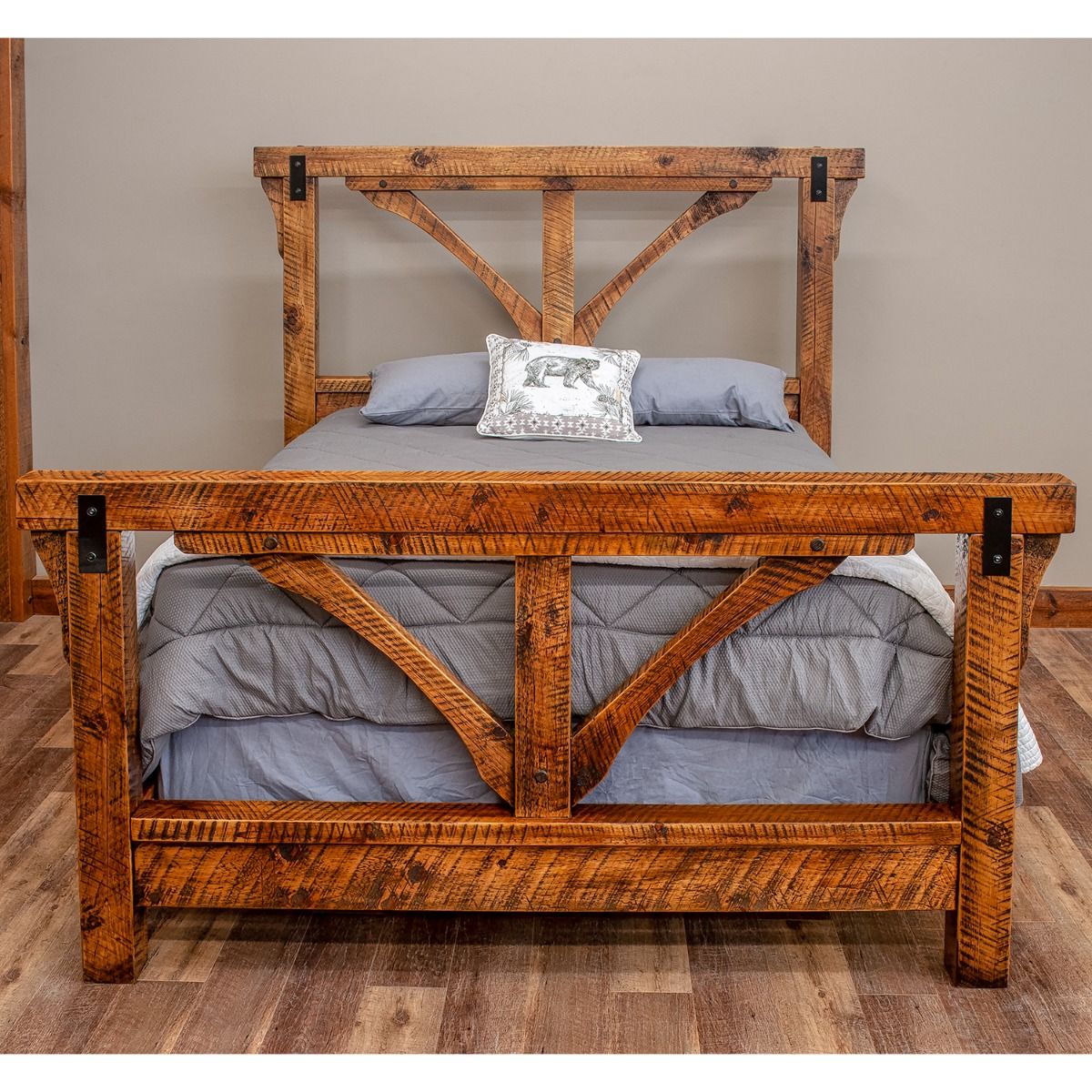 RIVER RUSTIC BRACED TIMBER BEAM BARNWOOD BED