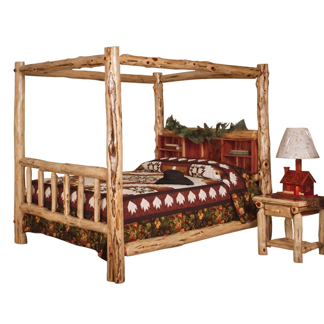 RUST VALLEY RED CEDAR LOG CANOPY BOOKSHELF BED