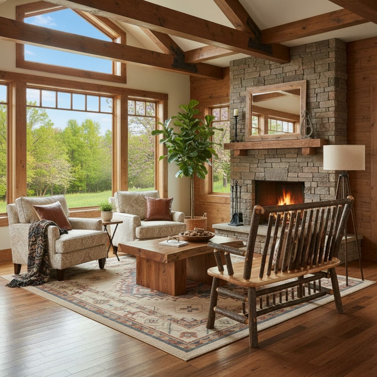 Rustic Hickory Log Bench with Back