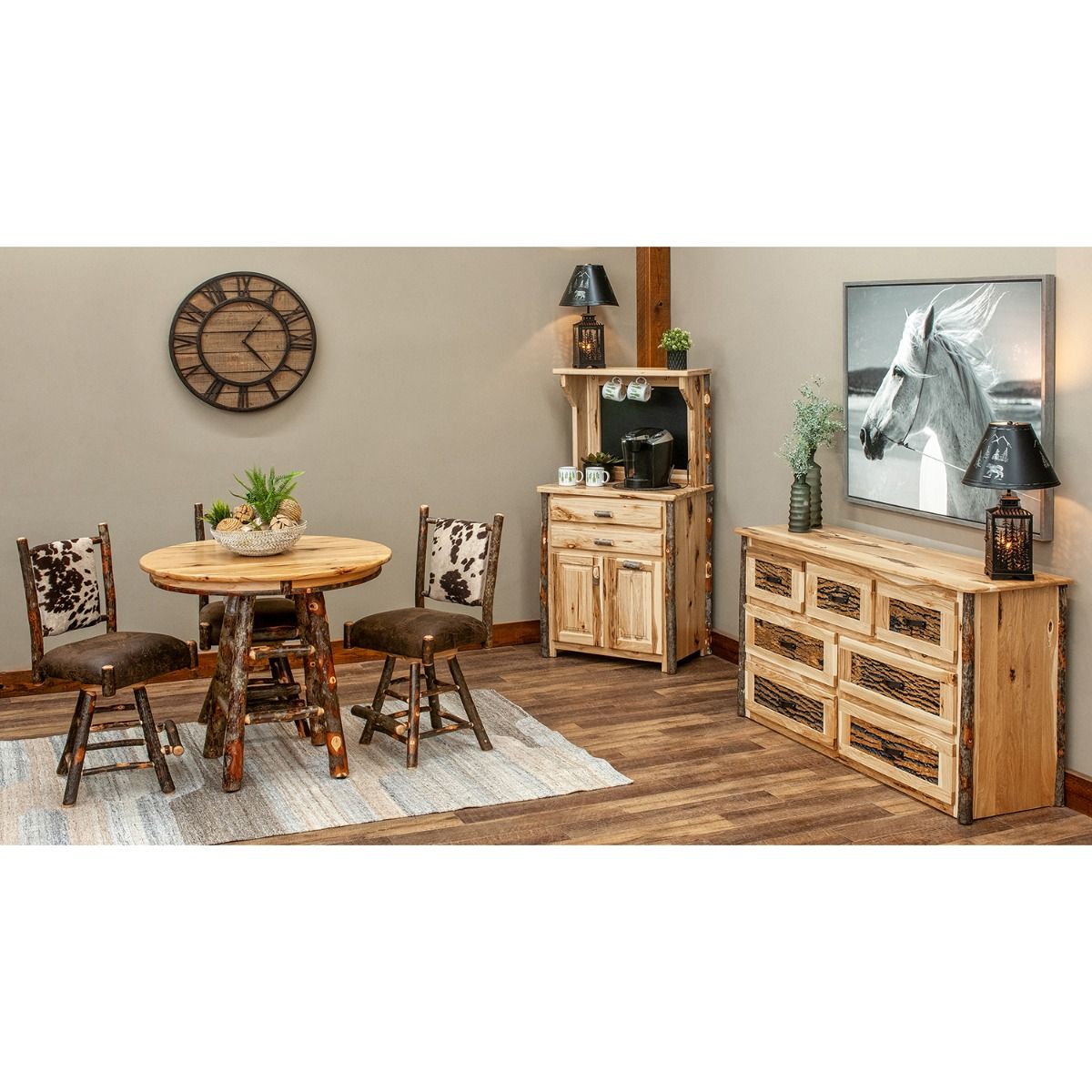 Saranac Hickory Upholstered Cowhide Straight Back Swivel Bar Stool