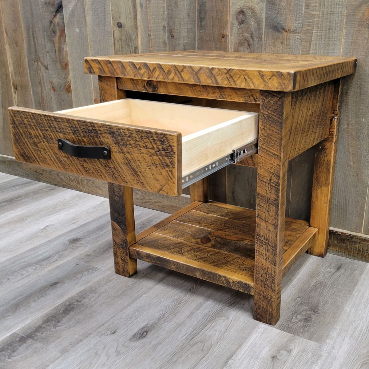 SAWMILL 1 DRAWER OPEN BARNWOOD NIGHTSTAND