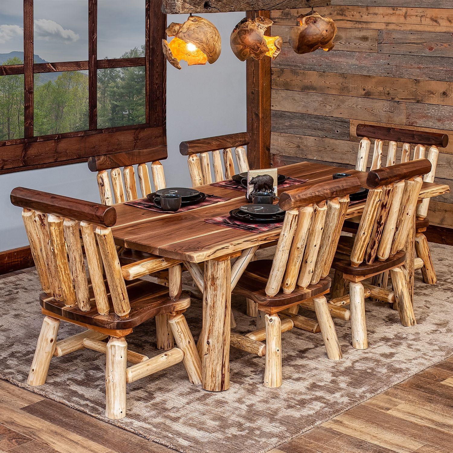 Black Walnut & Rustic Cedar Log Natural Edge Dining Table