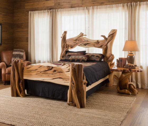 Rustic Log Bed: Some lifestyle images are created with AI for visualization purposes. Crafted from natural solid wood, each piece is unique and will vary.