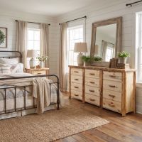 Aspen Log Dresser: Some lifestyle images are created with AI for visualization purposes. Crafted from natural solid wood, each piece is unique and will vary.