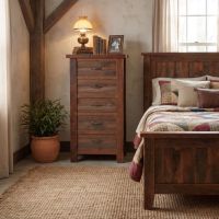 Barn Wood Lingerie Chest: Some lifestyle images are created with AI for visualization purposes. Crafted from natural solid wood, each piece is unique and will vary.