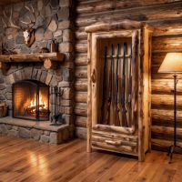 Log Gun Cabinet: Some lifestyle images are created with AI for visualization purposes. Crafted from natural solid wood, each piece is unique and will vary.