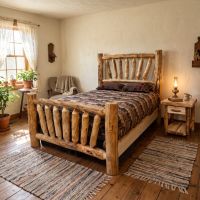 Log Nightstand: Some lifestyle images are created with AI for visualization purposes. Crafted from natural solid wood, each piece is unique and will vary.