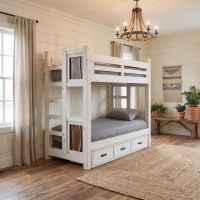 Bunk Bed with Storage: Some lifestyle images are created with AI for visualization purposes. Crafted from natural solid wood, each piece is unique and will vary.
