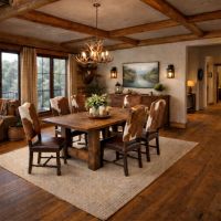 Rectangular Barnwood Dining Table: Some lifestyle images are created with AI for visualization purposes. Crafted from natural solid wood, each piece is unique and will vary.
