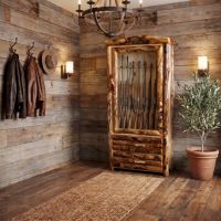 Log Gun Cabinet: Some lifestyle images are created with AI for visualization purposes. Crafted from natural solid wood, each piece is unique and will vary.