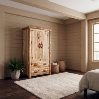 Rustic Wardrobe: Some lifestyle images are created with AI for visualization purposes. Crafted from natural solid wood, each piece is unique and will vary.
