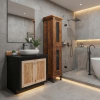 Barn Wood Linen Closet: Some lifestyle images are created with AI for visualization purposes. Crafted from natural solid wood, each piece is unique and will vary.