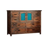 Rustic Ranchero 8 Drawer Wardrobe Dresser - Turquoise Leather Panels
