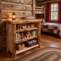 Rustic Log Bookcase: Some lifestyle images are created with AI for visualization purposes. Crafted from natural solid wood, each piece is unique and will vary.