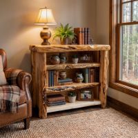 Rustic Log Bookcase: Some lifestyle images are created with AI for visualization purposes. Crafted from natural solid wood, each piece is unique and will vary.