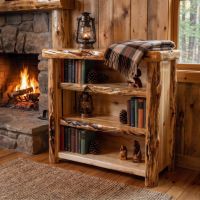 Rustic Log Bookcase: Some lifestyle images are created with AI for visualization purposes. Crafted from natural solid wood, each piece is unique and will vary.