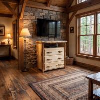 Log TV Stand: Some lifestyle images are created with AI for visualization purposes. Crafted from natural solid wood, each piece is unique and will vary.