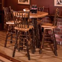 Saranac Hickory Log Pub Table shown with optional Stick Back Barstools