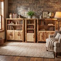 Aspen Log Bookcase: Some lifestyle images are created with AI for visualization purposes. Crafted from natural solid wood, each piece is unique and will vary.