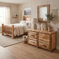 Aspen Log Dresser: Some lifestyle images are created with AI for visualization purposes. Crafted from natural solid wood, each piece is unique and will vary.