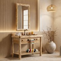 Cedar Log Mirror: Some lifestyle images are created with AI for visualization purposes. Crafted from natural solid wood, each piece is unique and will vary.