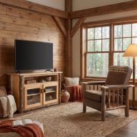 Hickory TV Stand: Some lifestyle images are created with AI for visualization purposes. Crafted from natural solid wood, each piece is unique and will vary.