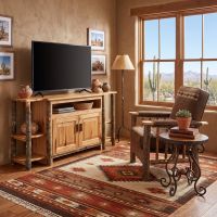 Log TV Stand: Some lifestyle images are created with AI for visualization purposes. Crafted from natural solid wood, each piece is unique and will vary.