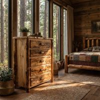 Rustic Log Chest: Some lifestyle images are created with AI for visualization purposes. Crafted from natural solid wood, each piece is unique and will vary.