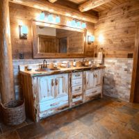 Rustic Log Vanity: Some lifestyle images are created with AI for visualization purposes. Crafted from natural solid wood, each piece is unique and will vary.