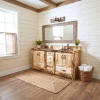 Rustic Log Vanity: Some lifestyle images are created with AI for visualization purposes. Crafted from natural solid wood, each piece is unique and will vary.