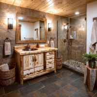 Rustic Log Vanity: Some lifestyle images are created with AI for visualization purposes. Crafted from natural solid wood, each piece is unique and will vary.