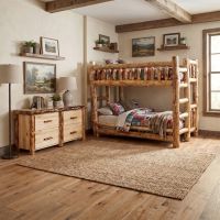 Log bunk Bed: Some lifestyle images are created with AI for visualization purposes. Crafted from natural solid wood, each piece is unique and will vary.