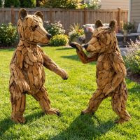 Bear Cub Statues: Some lifestyle images are created with AI for visualization purposes. Crafted from natural solid wood, each piece is unique and will vary.