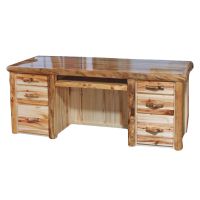 Beartooth Aspen Sierra Log Executive Desk - Flat Fronts - Wild Panel & Natural Log - Liquid Glass Top Finish - Standard Left & Right Drawers - Keyboard Tray
