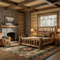 Rustic Log Bedroom Furniture: Some lifestyle images are created with AI for visualization purposes. Crafted from natural solid wood, each piece is unique and will vary.