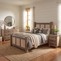 Rustic Red Oak and Ambrosia Maple Bed: Some lifestyle images are created with AI for visualization purposes. Crafted from natural solid wood, each piece is unique and will vary.