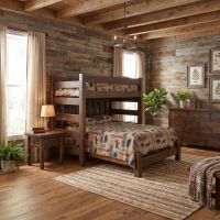 Rustic Retreat Bunk Bed: Some lifestyle images are created with AI for visualization purposes. Crafted from natural solid wood, each piece is unique and will vary.