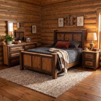 Hickory Rustic Bed: Some lifestyle images are created with AI for visualization purposes. Crafted from natural solid wood, each piece is unique and will vary.