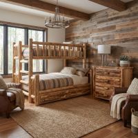 Rustic Bunk Bed: Some lifestyle images are created with AI for visualization purposes. Crafted from natural solid wood, each piece is unique and will vary.