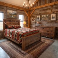 Mosaic Barnwood Bed: Some lifestyle images are created with AI for visualization purposes. Crafted from natural solid wood, each piece is unique and will vary.