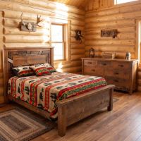 Mosaic Barnwood Bed: Some lifestyle images are created with AI for visualization purposes. Crafted from natural solid wood, each piece is unique and will vary.