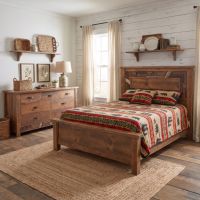 Mosaic Barnwood Bed: Some lifestyle images are created with AI for visualization purposes. Crafted from natural solid wood, each piece is unique and will vary.